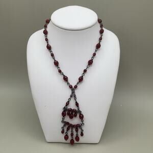 Vintage Red Glass Beaded Y Necklace Victorian Revival Whimsigoth